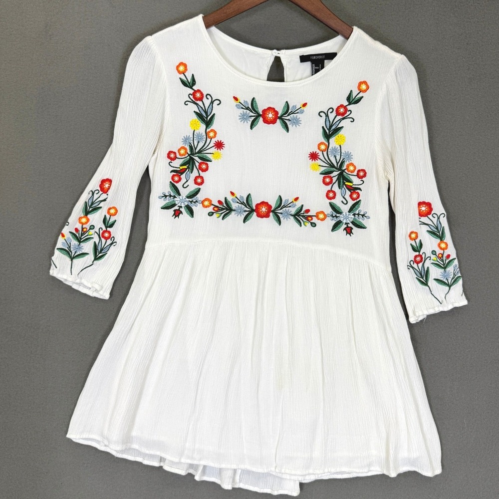 Forever 21 Shirt Women S White Floral Embroidered Peasant Babydoll Gauze